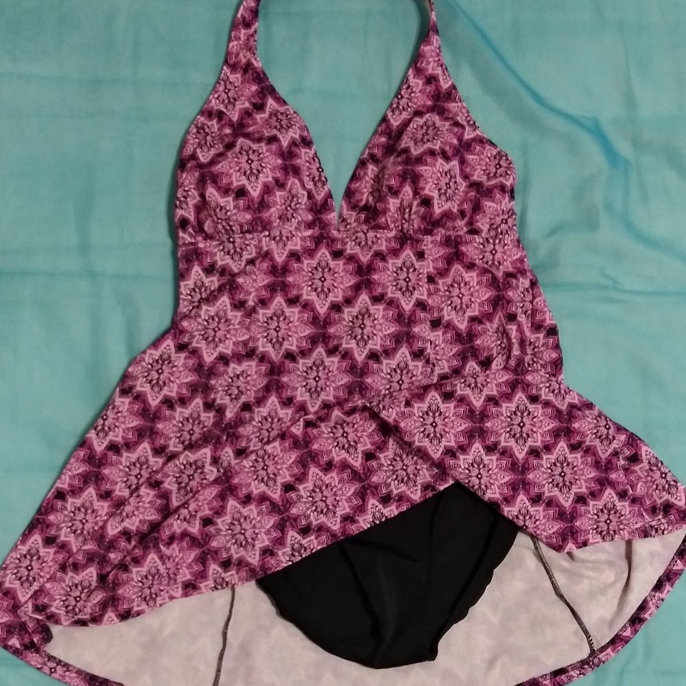 Purple & Pink Patterned Halter Swim Dress by A Shore Fit!, Size 12
